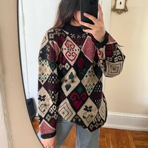 Vintage Diamond Rose Deck Of Cards Inspired Pattern Knit Sweater